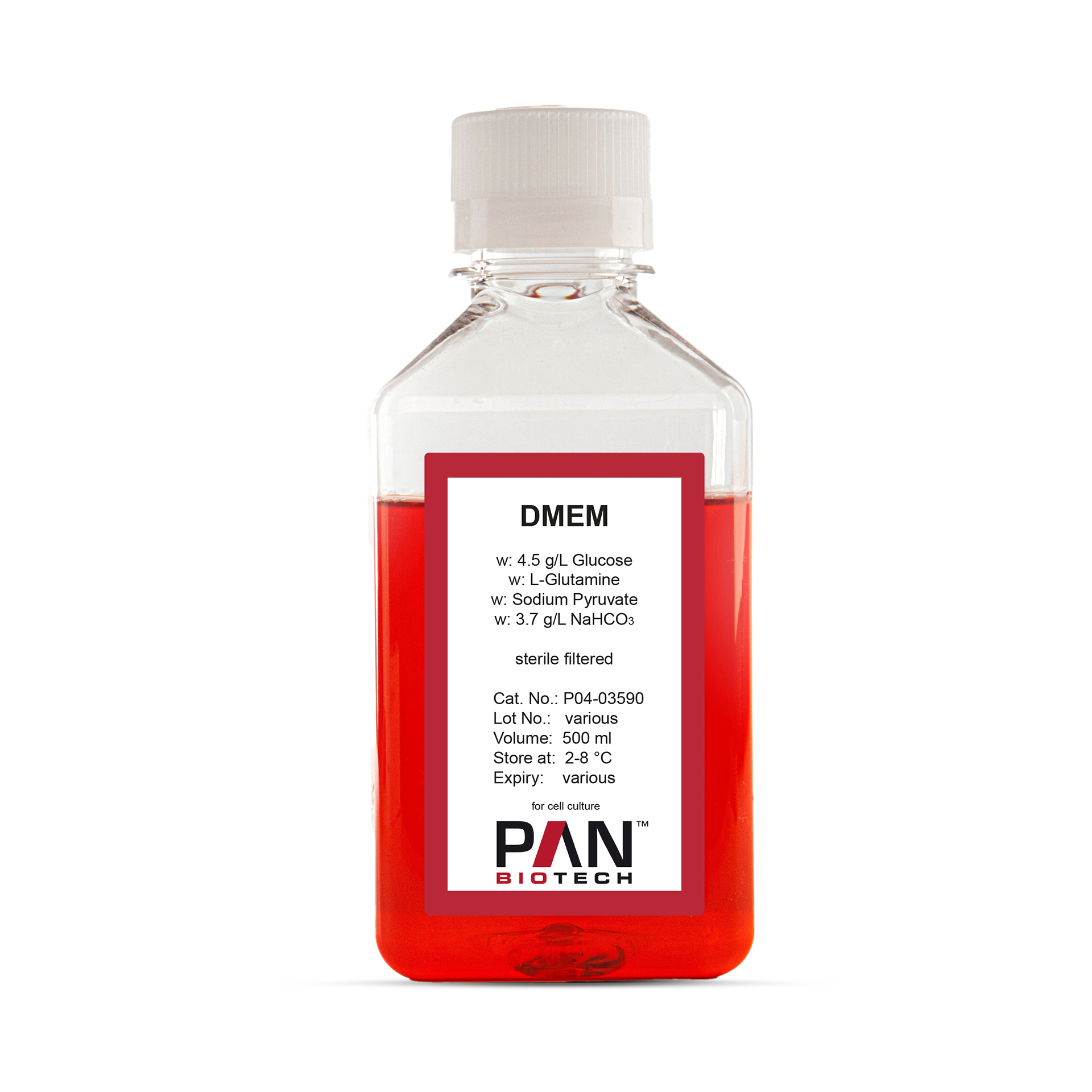 DMEM, w: 4.5 g/L Glucose, w: L-Glutamine, w: Sodium pyruvate, w: 3.7 g/L NaHCO3