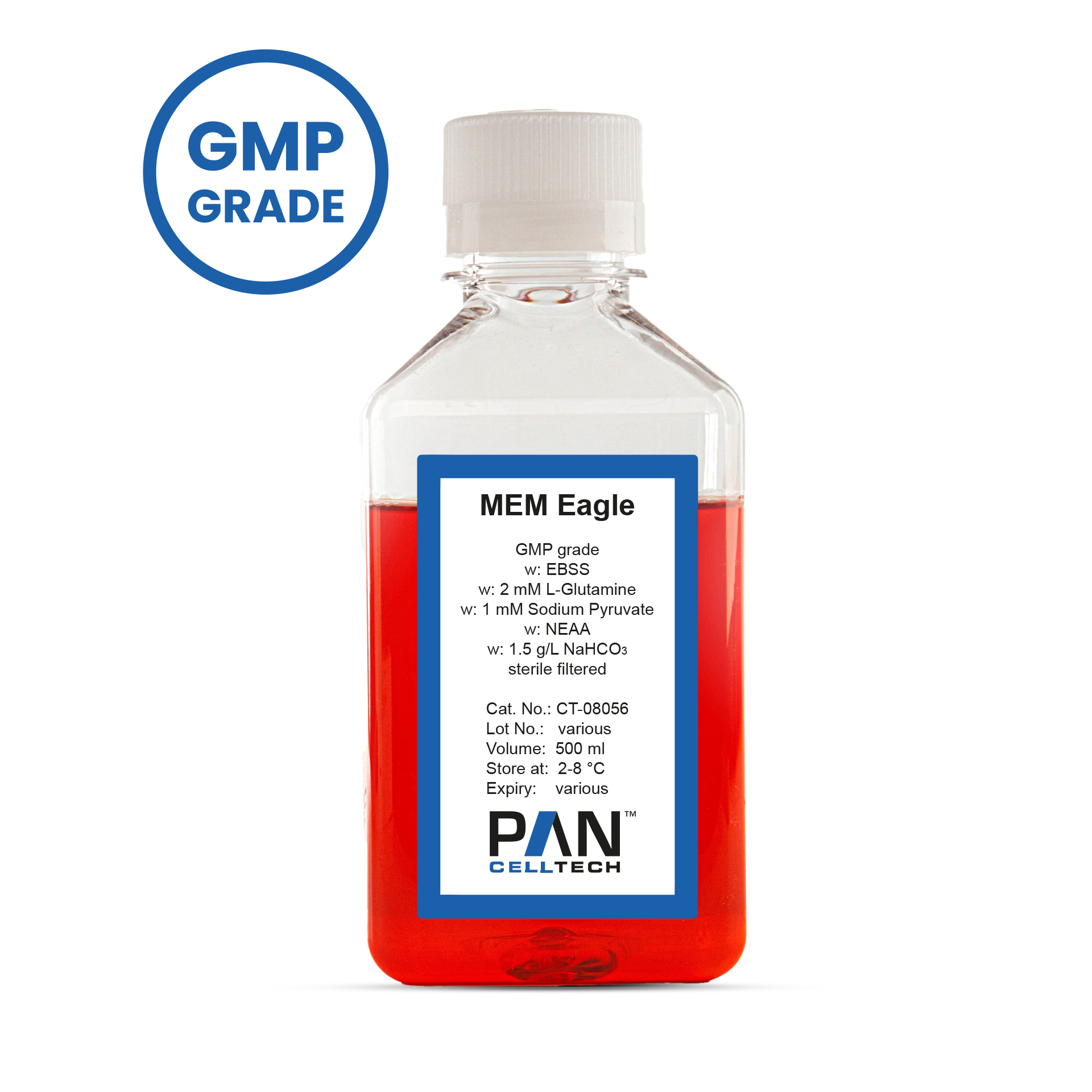 MEM Eagle w: EBSS, w: 2 mM L-Glutamine, w: 1 mM Sodium pyruvate, w: NEAA, w: 1.5 g/L NaHCO3, GMP grade