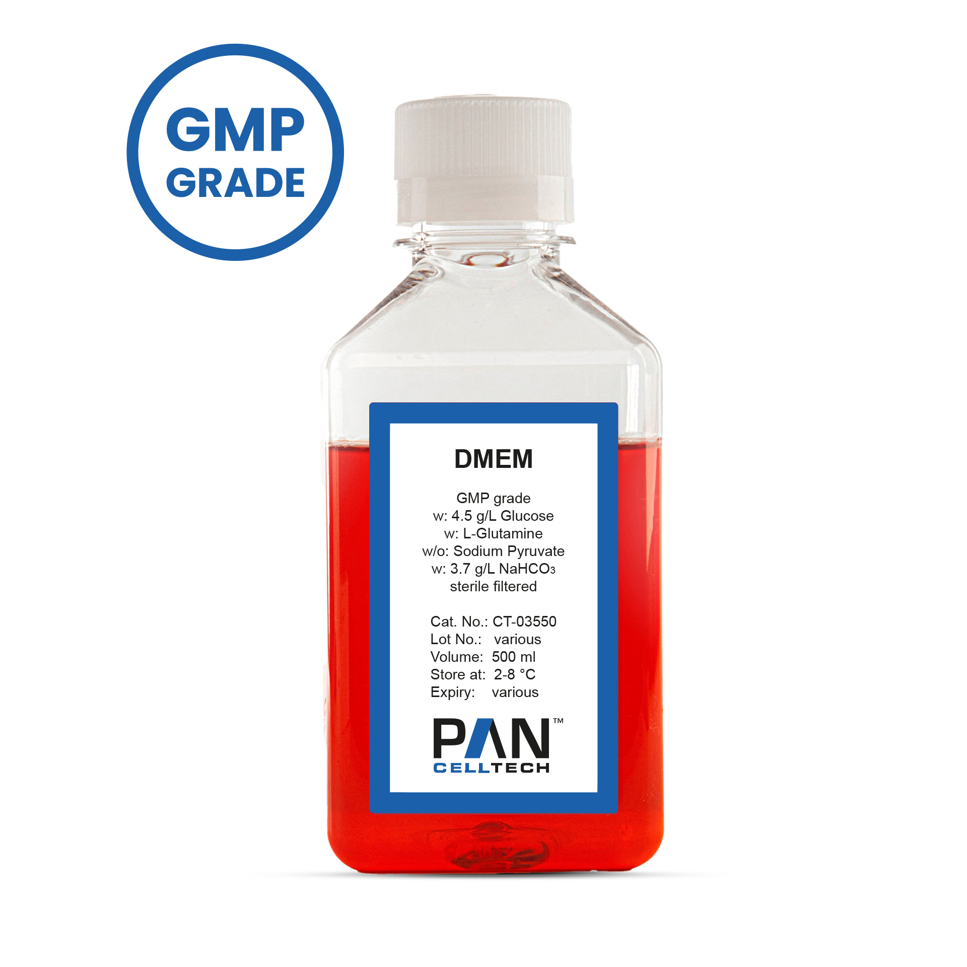 DMEM, w: 4.5 g/L Glucose, w: L-Glutamine, w/o: Sodium pyruvate, w: 3.7 g/L NaHCO3, GMP grade