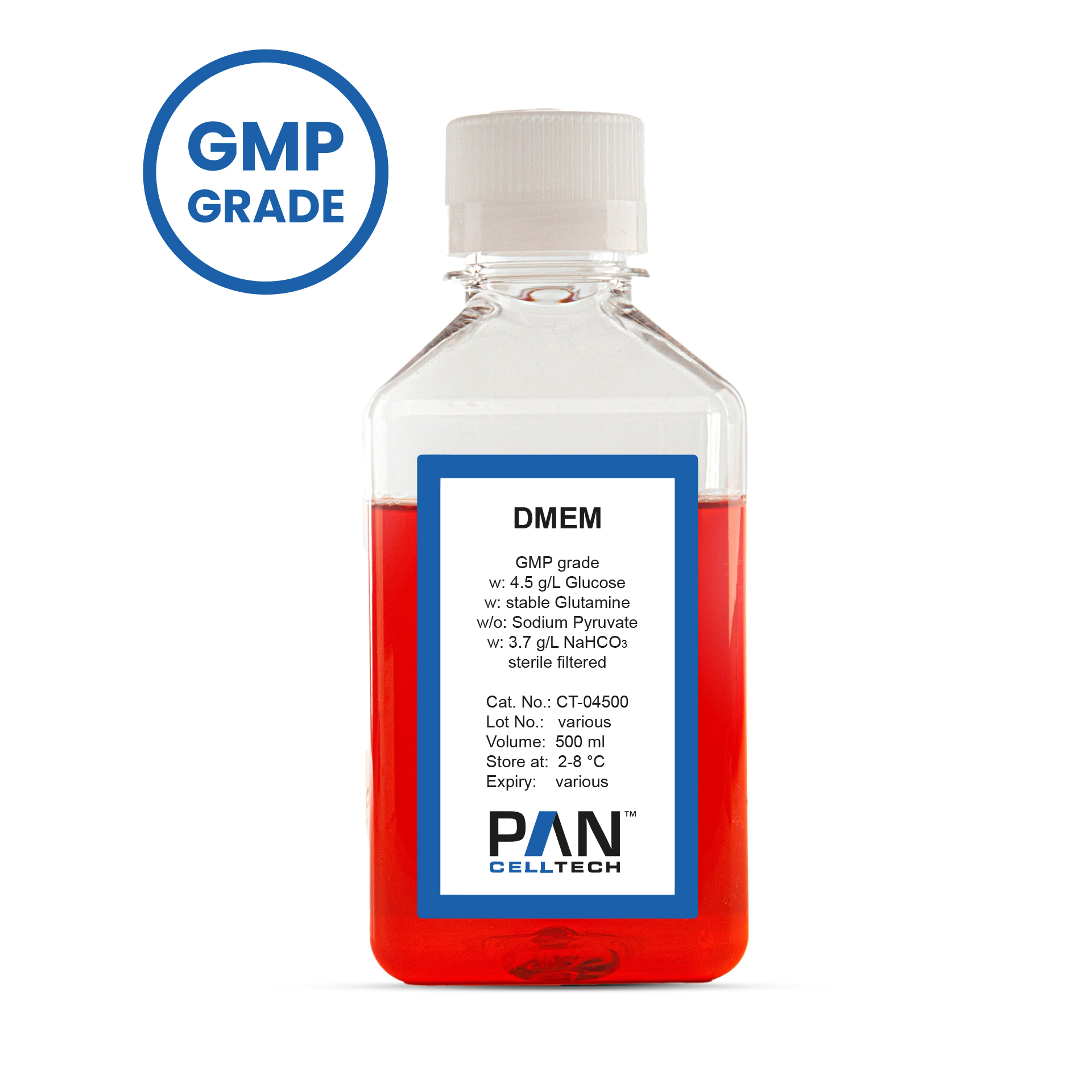 DMEM, w: 4.5 g/L Glucose, w: stable Glutamine, w/o: Sodium pyruvate, w: 3.7 g/L NaHCO3, GMP grade