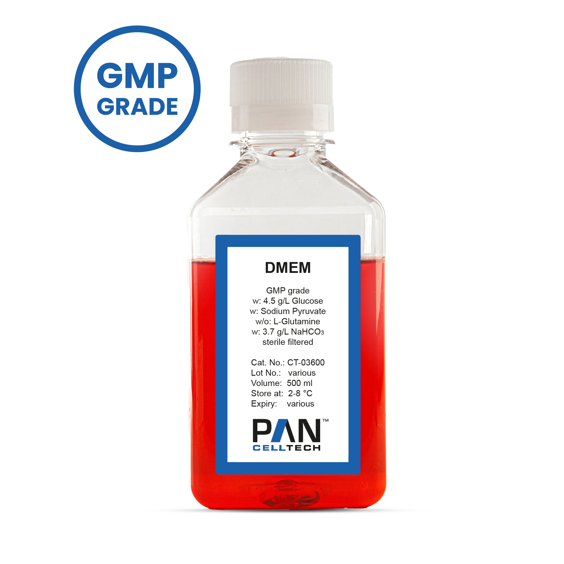 DMEM, w: 4.5 g/L Glucose, w/o: L-Glutamine, w: Sodium pyruvate, w: 3.7 g/L NaHCO3, GMP grade