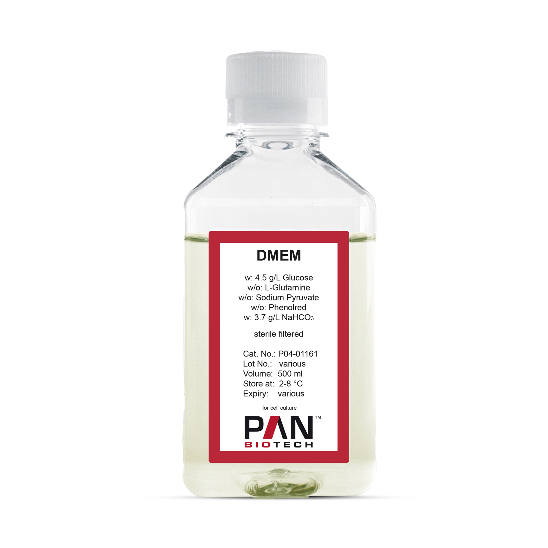 DMEM, w: 4.5 g/L Glucose, w/o: L-Glutamine, w/o: Sodium pyruvate, w/o: Phenol red, w: 3.7 g/L NaHCO3