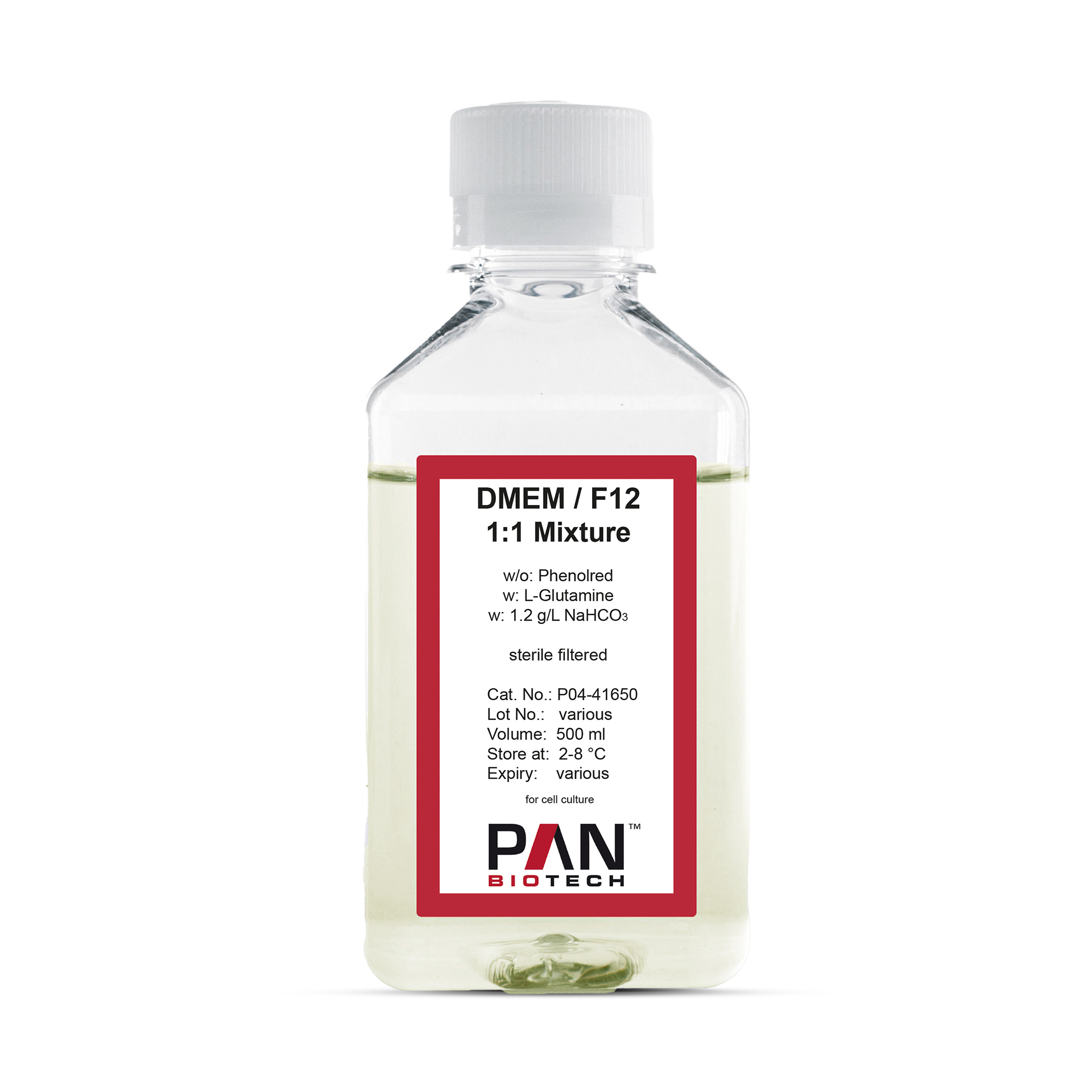 DMEM/F12 (1:1), w: L-Glutamine, w/o: Phenol red, w: 1.2 g/L NaHCO3